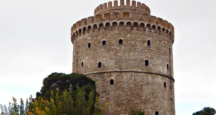 Historic round tower with crenellations.