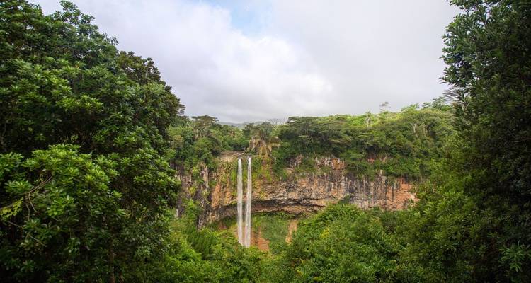 Cascade vue de loin entourée d'une forêt dense.