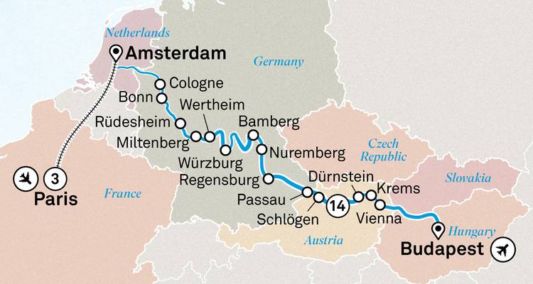 Une carte montrant un itinéraire à travers les villes européennes.
