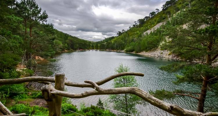 Small tranquil loch bordered by dense green woodland and rocky slopes beneath an overcast sky in the Highlands