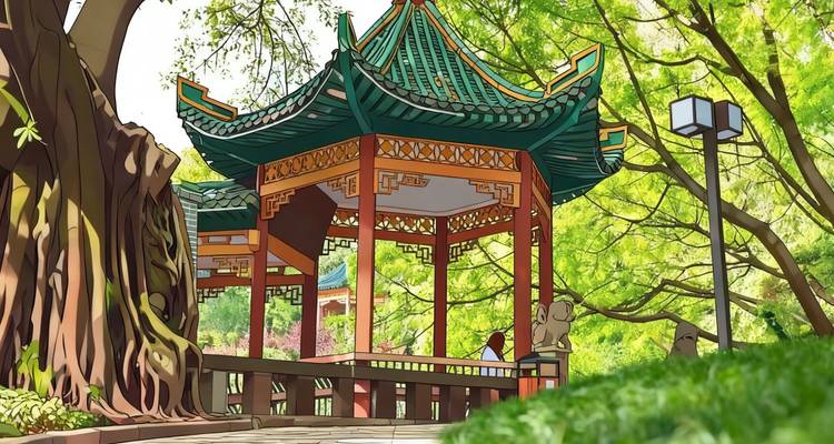 Traditional Chinese pavilion surrounded by greenery.