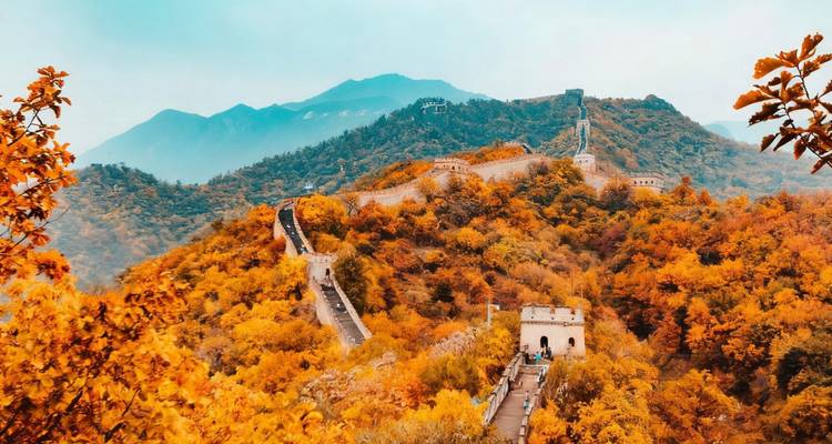The Great Wall of China visible among orange-hued autumn foliage.