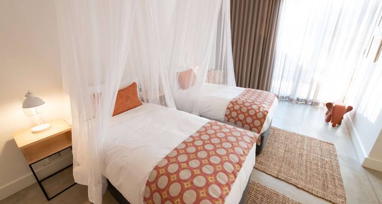 Elegant twin beds with a minimalistic design in a sunlit room.