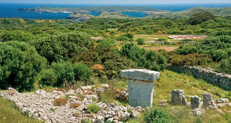 Ancient ruins in a lush landscape with ocean view.
