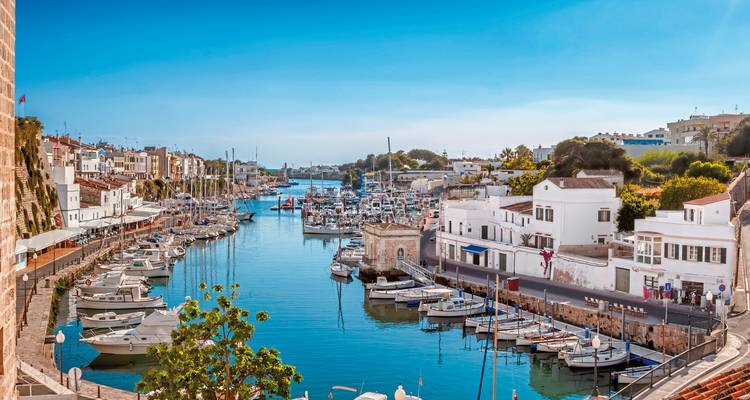 Marina with boats and historic buildings.