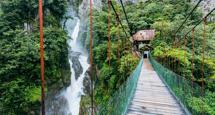 Suspension bridge with a view of the waterfall and lush green surroundings.