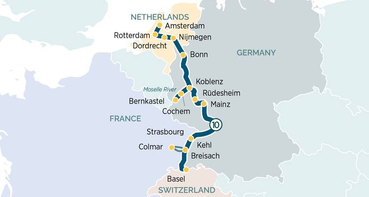 Illustrated itinerary map of a river cruise route through the Netherlands, Germany, France and Switzerland.
