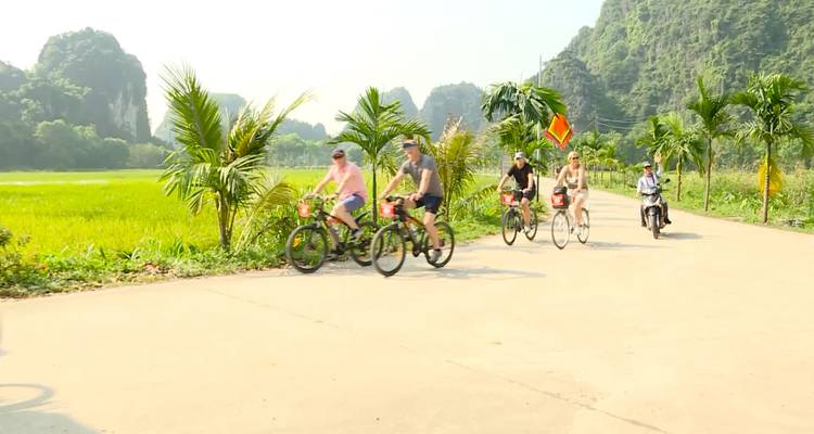 Group of people biking along a scenic road with lush landscape.