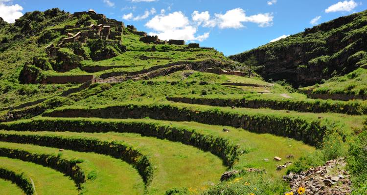 Campos verdes escalonados con ruinas antiguas en una ladera.