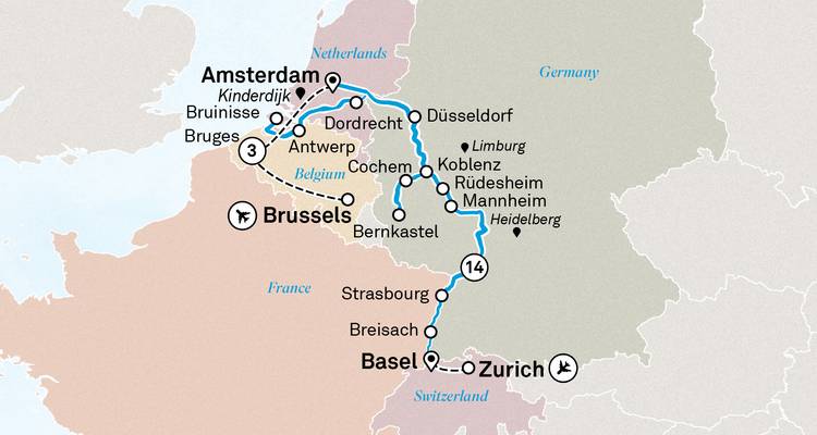 Carte d'itinéraire illustrée montrant un parcours de croisière fluviale européenne à travers les Pays-Bas, l'Allemagne, la France et la Suisse.
