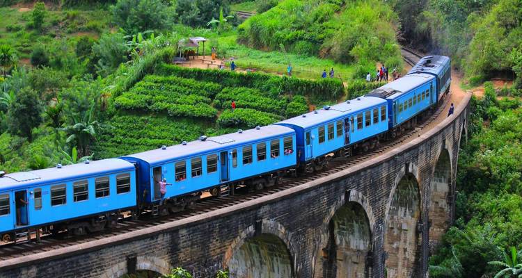A train passing through lush greenery on a dramatic curve.