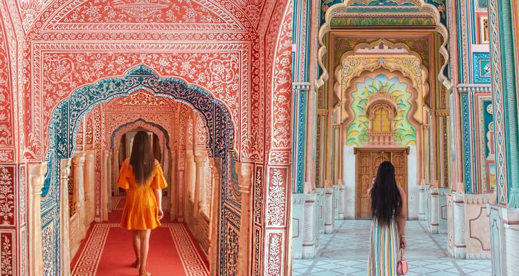 Ornately decorated corridors with a person walking inside.