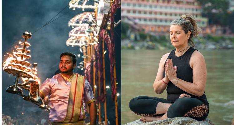 A spiritual ceremony by the river alongside a meditation scene.