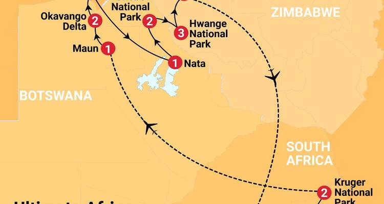 Tourenkarte des südlichen Afrikas mit Hervorhebung der Nationalparks von Botswana, Simbabwe und Südafrika