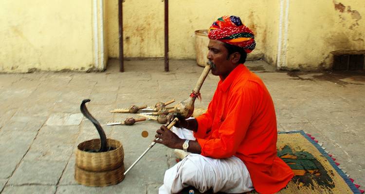 Snake charmer sitting with a cobra and playing a flute.