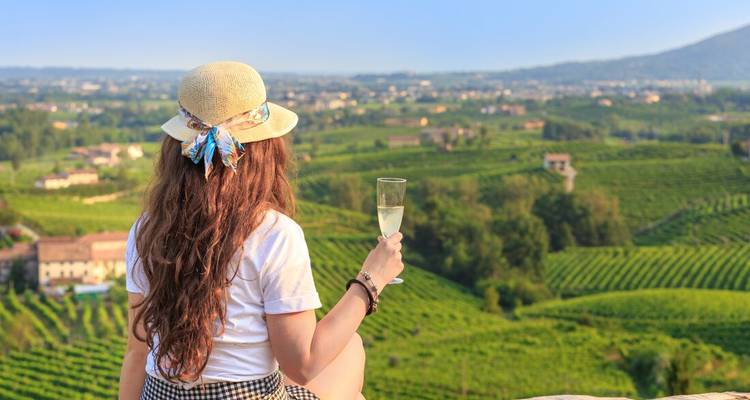 Vrouw geniet van een panoramisch uitzicht op de wijngaarden met een glas champagne.