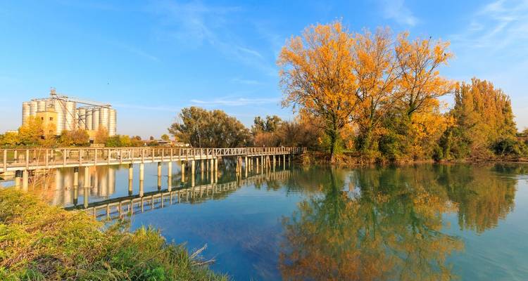 Herfstlandschap met een houten brug over een rivier.