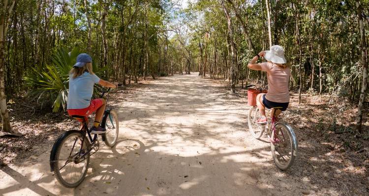 Two people cycling on a sandy path through a forest.