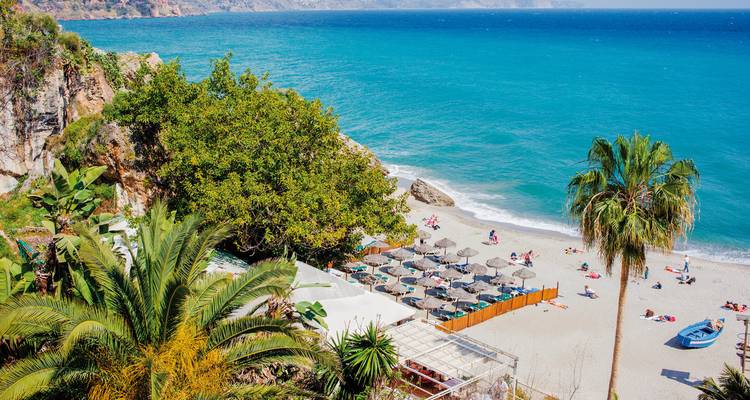 Plage méditerranéenne ensoleillée avec parasols, palmiers, eau turquoise et baigneurs de soleil