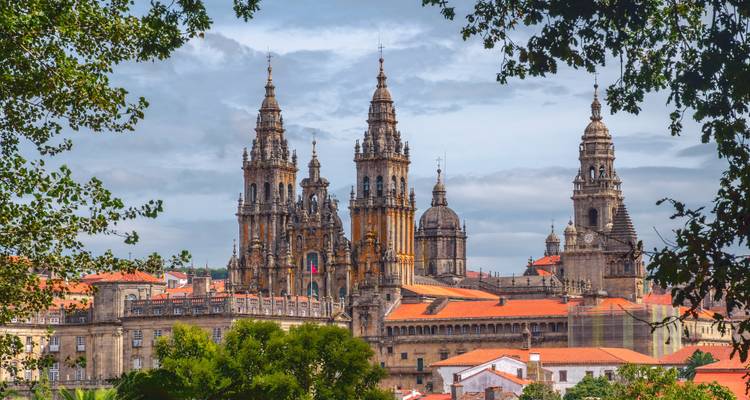 View of the Santiago de Compostela Cathedral towers framed by trees.