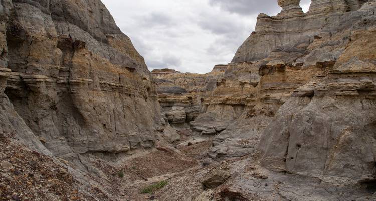 Enge Felsschlucht mit bewölktem Himmel.