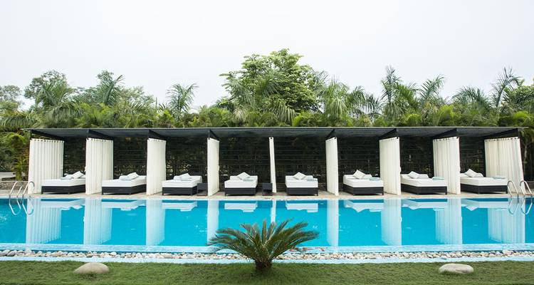 A poolside view with sunbeds and a lush garden.