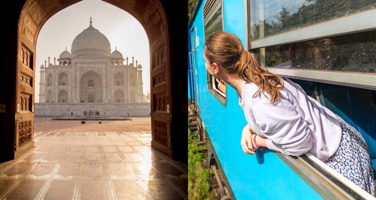 Taj Mahal viewed through an arch and a person on a train.