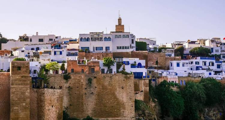 Historic town with white and blue buildings on a coastline.