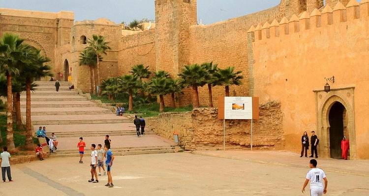 People near ancient city walls with palm trees.