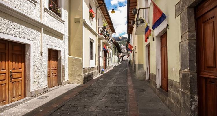 Een smalle kasseienstraat omzoomd met kleurrijke gebouwen.