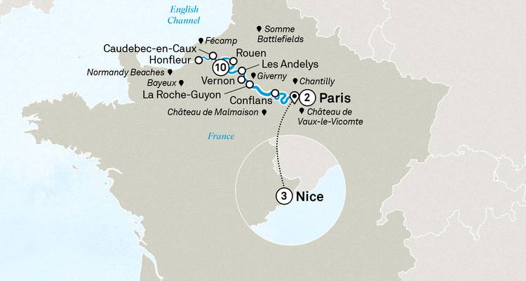 Seine cruise kaart van Honfleur naar Parijs met Nice uitbreiding.