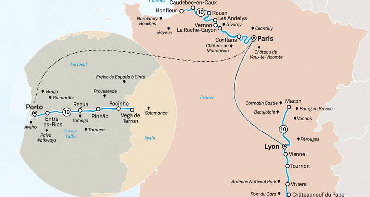 Geteilte Karte des Douro-Tals in Portugal und der französischen Strecke zwischen Paris und Lyon.