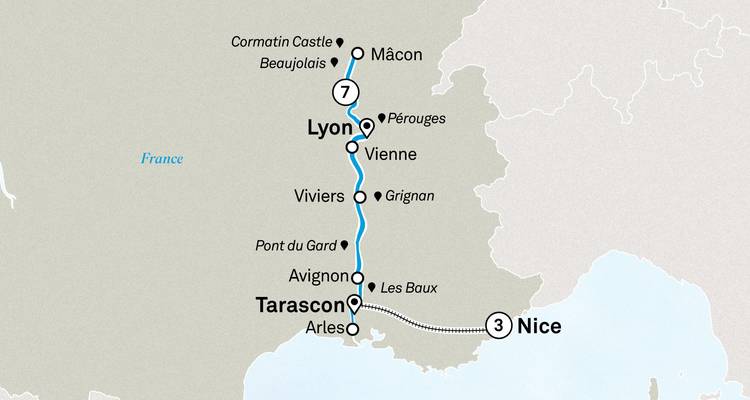 Mapa de Lyon a Niza pasando por Tarascon y Avignon en un crucero de 7 días por el Ródano.