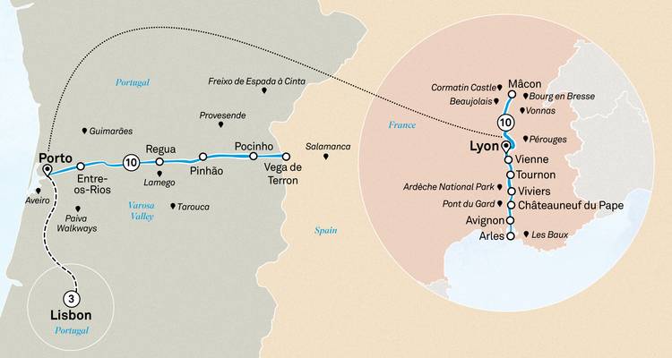Carte d'itinéraire stylisée montrant un itinéraire de voyage des régions de Lisbonne à Lyon et Porto au Portugal, en Espagne et en France.
