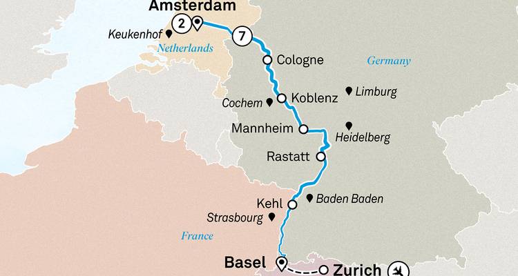 Map of a tour route from Amsterdam to Zurich.