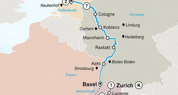 Map showing a travel route through various cities in Europe.