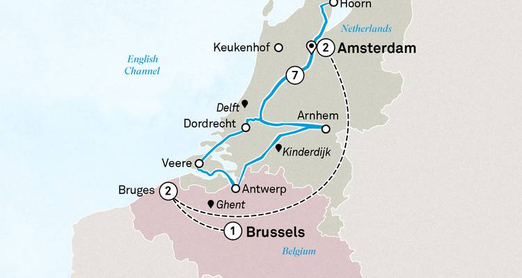 Mapa de viaje que describe un recorrido desde Bruselas a través de los Países Bajos terminando en Ámsterdam