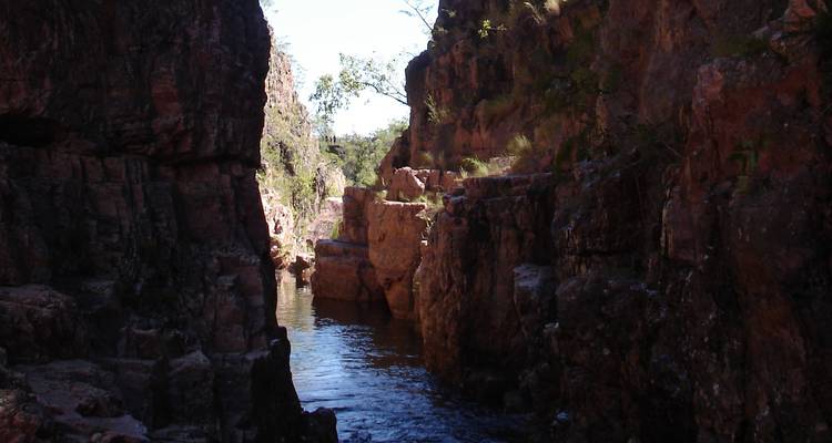 Gorge sombre avec de l'eau qui coule entre les rochers.