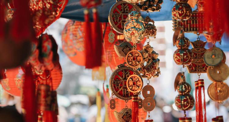 Decorative hanging items typically seen at a festival.