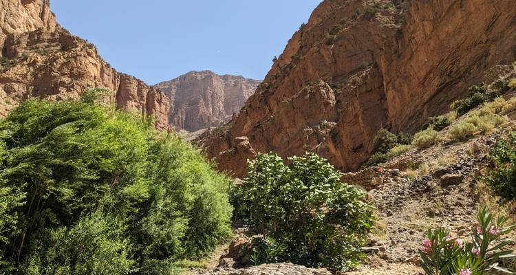 Lush green valley surrounded by red rocky cliffs.
