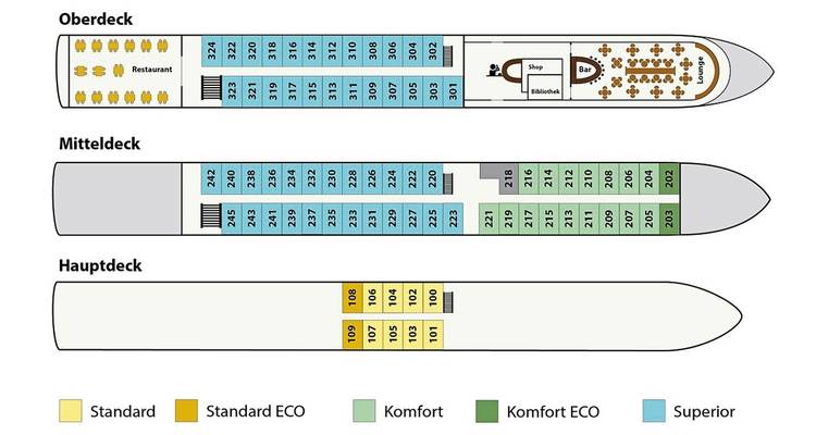 Deck plan of a ship showing various areas and room layouts.