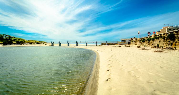 Plage avec pont en arrière-plan par une journée ensoleillée.