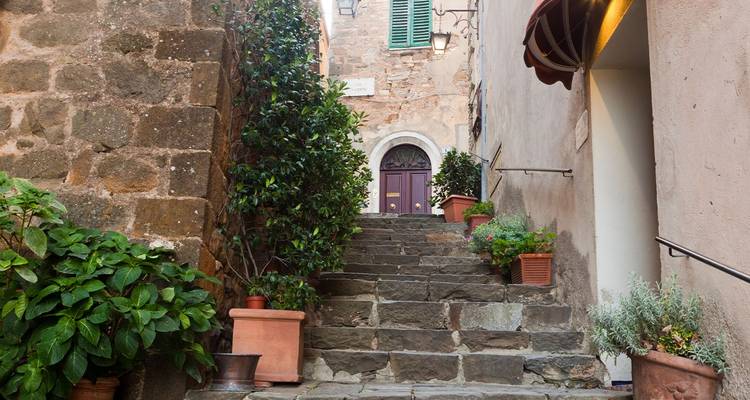Encantadora escalera de piedra bordeada de plantas en macetas que conduce a una puerta de madera en un callejón de un pueblo toscano
