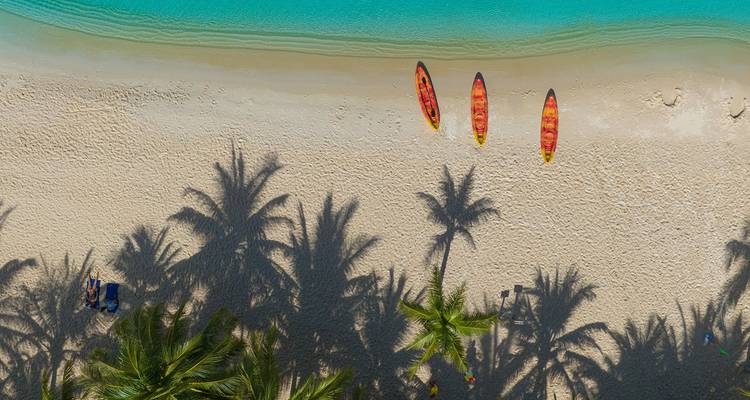 Aerial view of kayaks and palm shadows on powder-soft white sand next to turquoise water.