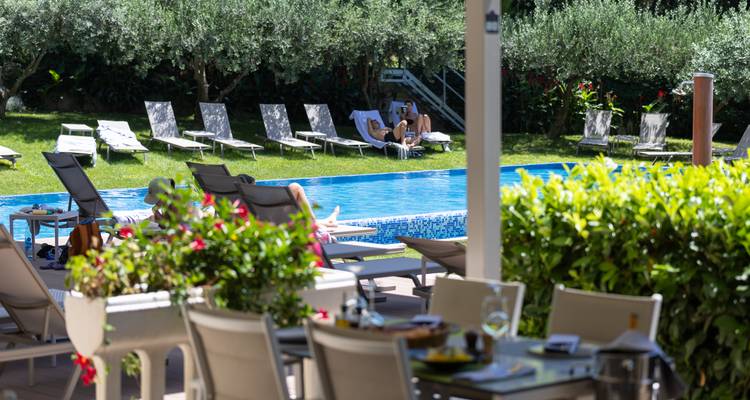 Les clients se détendent près de la piscine d'un hôtel entourée d'oliviers et de transats par une belle journée.