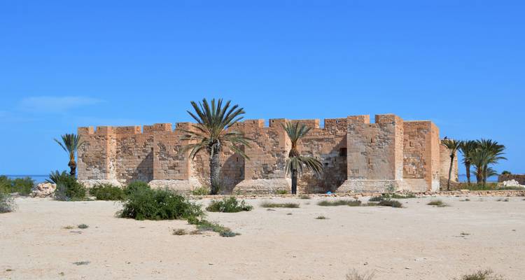 Ruins of an ancient structure with palm trees nearby.