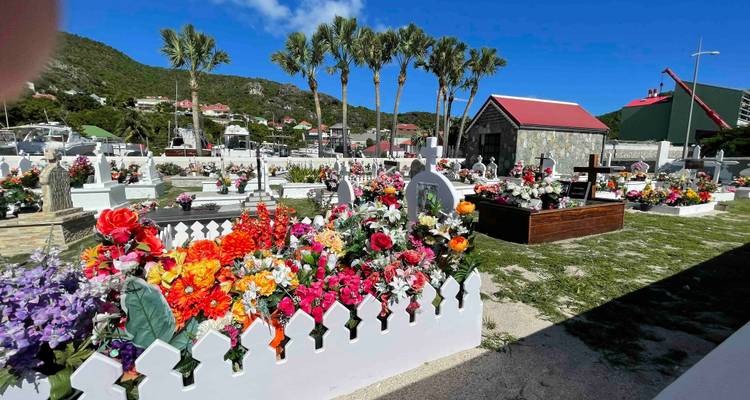 Cimetière avec des fleurs colorées et des palmiers.