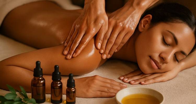 Person receiving a massage with aromatherapy oils around.