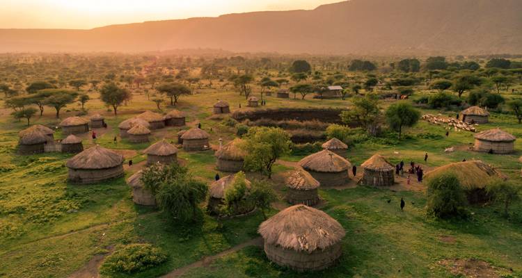 Huttes traditionnelles au toit de chaume dans un village africain rural.