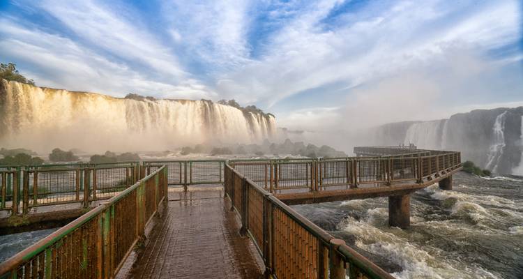 Walkway leading to breathtaking Iguazu Falls view.